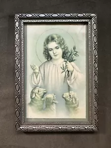 Framed 1936 Prayer Card Young Jesus With Lambs- N.G. Basevi - Picture 1 of 8