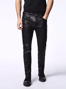 Leather Pants Men Pant Trousers Slim Biker Fit Men's Jeans Style Real Black 46 - Picture 1 of 4