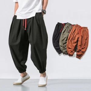 Fashion Men's Pants Harem Casual Baggy Japanese Hakama Linen Pants Sweatpants - Picture 1 of 12