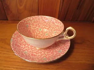 VINTAGE ENGLISH SAMPSON SMITH TEACUP/SAUCER SET -ALLOVER TINY PINK PETALS W GOLD - Picture 1 of 6