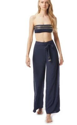 NWT Michael Kors Wide Split Leg Pants Sz L Belted Vacation Casual Cover Up Navy - Image 1 of 4