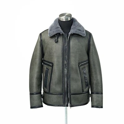 Real Gray B3 Pilot Flight Sheepskin Leather Aviator Bomber Jacket Faux Shearling - Image 1 of 4