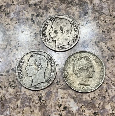 Mixed South American Silver Lot 80%  Silver Coins France Venezuela Colombia - Image 1 of 3