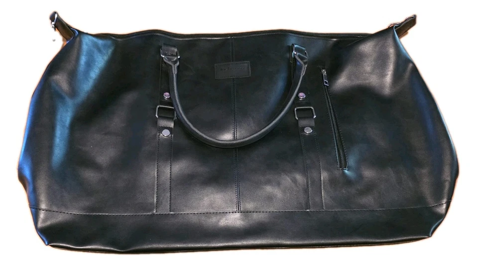 Bolso de Lona de Viaje de Fin de Semana de Cuero Sintético Negro con Correa para el Hombro y Asas XL Foto 1 de 4