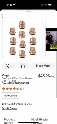 Viega 1/2" ProPress 1/2 in. Press Copper Cap (10-Pack) 10pk MPN 77445 Lot