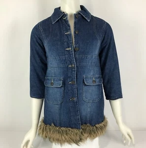 SR Denim Coat Girls Size 8 Quilted Lining Faux Fur Hem Button Front Warm - Picture 1 of 13