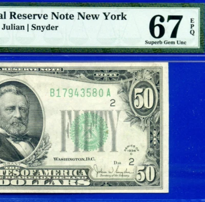 1934C $50 Federal Reserve Note - PMG 67EPQ - Top Pop Highest Graded - Fr 2105-B - Image 1 of 4