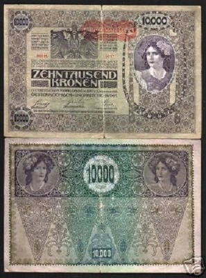 AUSTRIA 10000 KRONEN P-65 1918 WOMAN Red Overprint DEUTSCHOSTERREICH MONEY NOTE - Image 1 of 3