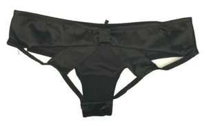 Victorias Secret Very Sexy Black Satin Bow Back Cheeky Size S Velour Front NWT - Picture 1 of 12