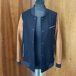 Chaqueta de bombardero All Saints Biwa azul marino tostado mezcla de cuero talla 10 del Reino Unido - Imagen 1 de 10