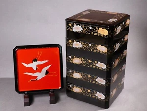 Japanese Vintage Rare Gold Lacquer Makie Box Cranes and Lotus M30 - Picture 1 of 22