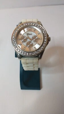 Vivani Women's Watch Silver Tone Pave Bezel White Silicone Band 7.5" - Image 1 of 4