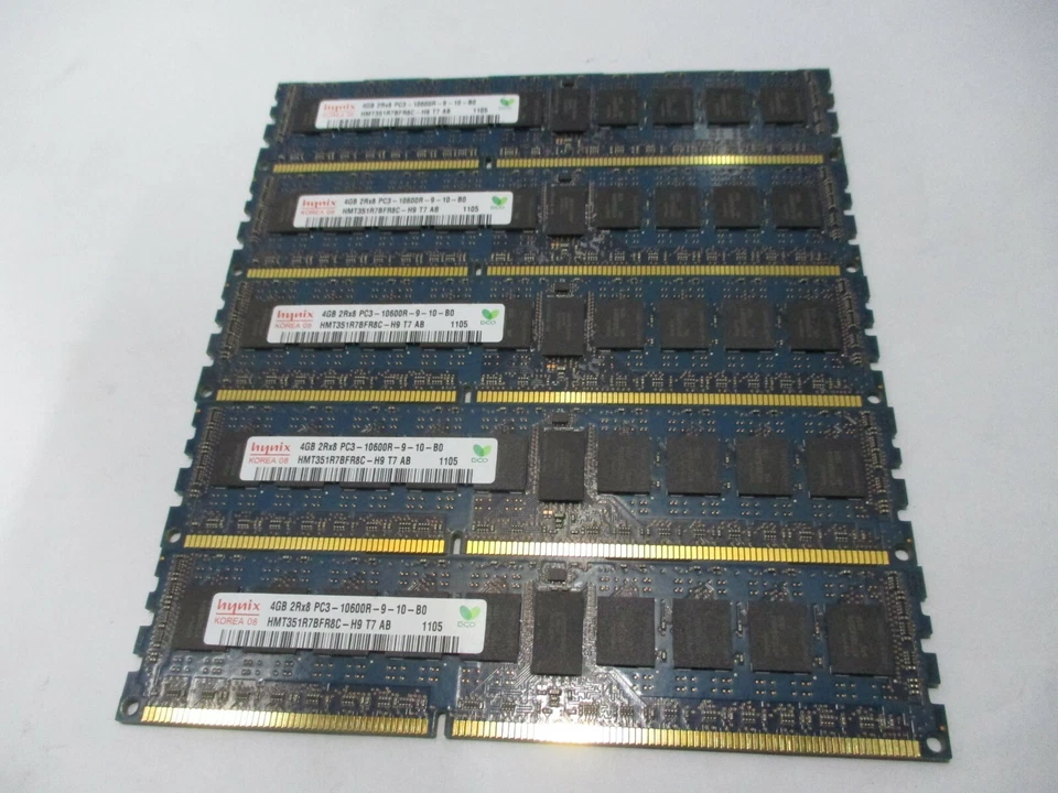  LOT OF 5 Hynix HMT351R7BFR8C-H9 20Gb (5x4gb) 2Rx8 PC3-10600R Memory - Image 1 of 2