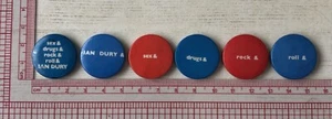 6x VTg Og IAN DURY SEX & DRUGS & ROCK & ROLL BADGES SET 70s RARE PUNK STIFF - Picture 1 of 6