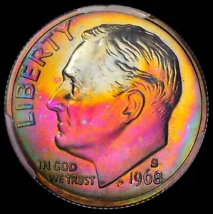 1968 S Roosevelt Dime 10C PCGS PR67 Monster Rainbow Toned Neon Electric Color - Picture 1 of 4