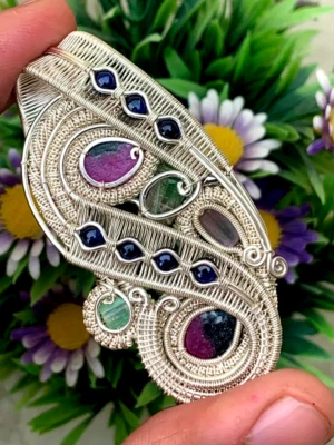 Sterling Silver Wire Wrap Pendant Sapphire Zoisite Ruby Pendant - Image 1 of 3