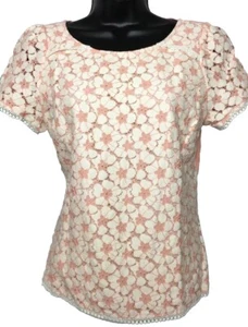 OASIS S 8/10 Peach/White Floral Lace Jersey Short Sleeve Top - Picture 1 of 9