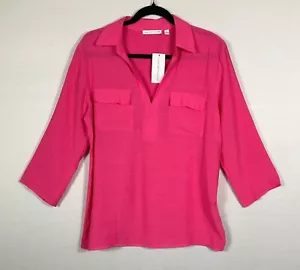 Notations Top Womens Sz Large Hot Pink Collared Pockets Pullover 3/4 Sleeves NWT - Picture 1 of 7