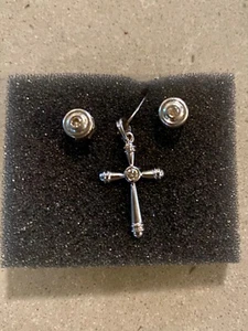 14k White Gold Cross Pendant & Stud Earring Set - Picture 1 of 7