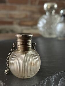 Antique Miniature Globular Clear Glass Chatelaine / Finger Chain Scent Bottle