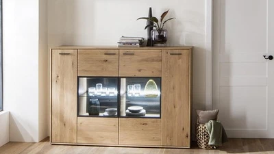 Highboard Pontiac 1 Eiche Bianco teilmassiv Kommode Wohnzimmer Schrank - Bild 1 von 4