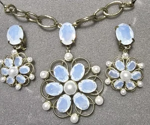 Heidi Daus Fiore D'Amore SET Crystal Pendant Necklace Clip Earrings White Opal - Picture 1 of 10