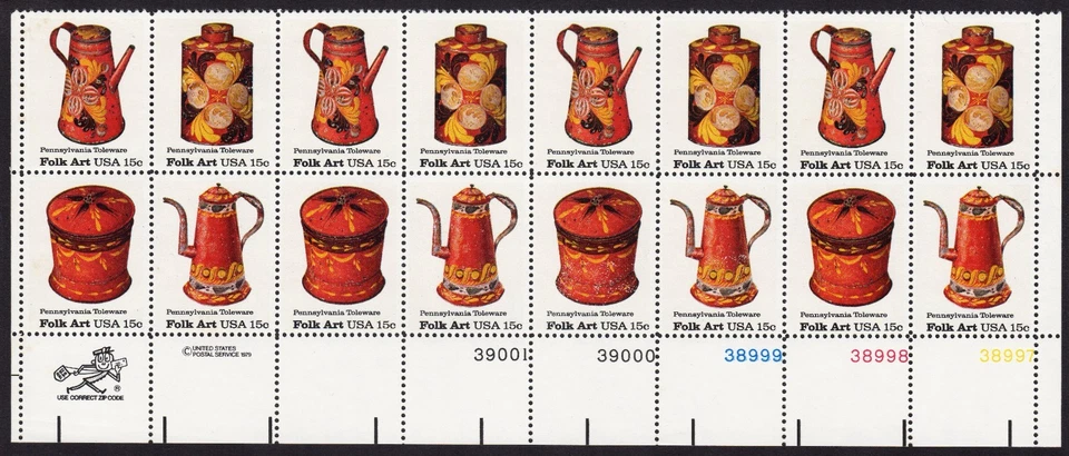 Scott #1778a Folk Art (Pennsylvania Toleware) Plate Block of 16 Stamps - MNH LR - Image 1 of 1