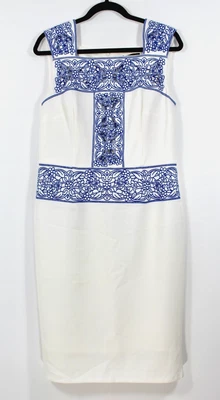 Antonio Melani Embroidered Lined Sheath Dress Classic White & Blue Women's 12 - Image 1 of 4