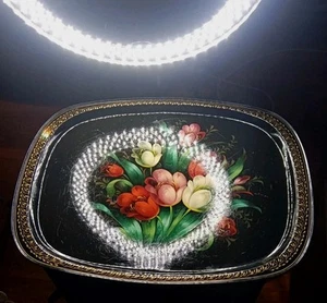 RARE Vintage STUNNING USSR Soviet Floral Metal Hand Painted Tray 23"x 18" . da - Picture 1 of 24