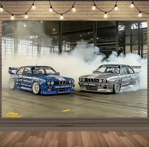 Polyester Banner 2D 180x130cm BMW M3 Blau Kult Rennen Oldie Werkstatt Gang 8875 - Bild 1 von 7