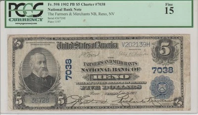 1902 $5 FARMERS AND MERCHANTS NB RENO NEVADA PCGS PROBLEM FREE FINE 15 - Image 1 of 2