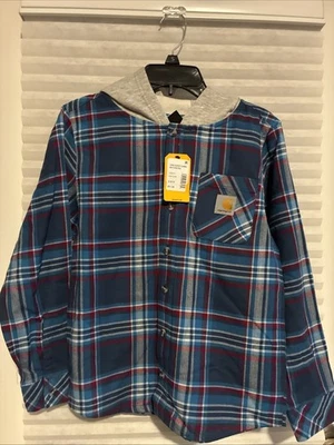 CARHARTT Boy’s Button-Up Hoodie brown Flannel Plaid Shirt Youth Small 8/10 - Image 1 of 4