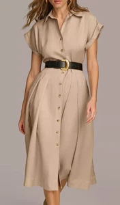 NWT Donna Karan NY Button-Front Short-Sleeve Midi Belted Dress Fawn, 6, $179 - Picture 1 of 6