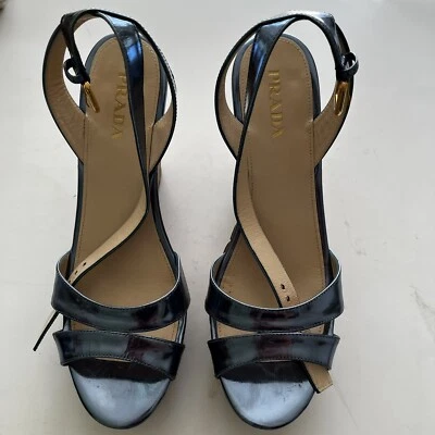 Prada Women's Size 39 (US 8) patent leather wedge sandals with dust cover - Image 1 of 4