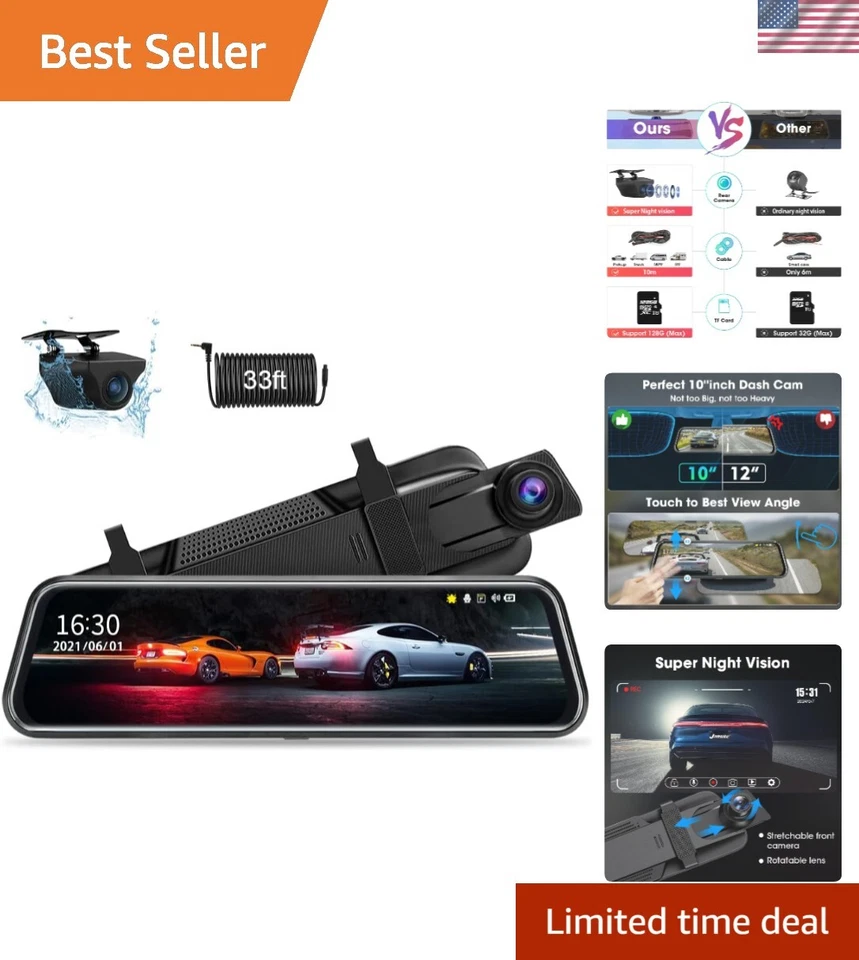 Upgraded 10'' Mirror DASH Cam Night Vision Front and Rear 1080p Backup Camera