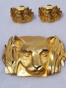 VINTAGE DOREEN RYAN SET GOLD PANTHERKOPF GÜRTELSCHNALLE MIT PASSENDEN CLIP-ON-OHRRINGEN - Bild 1 von 10