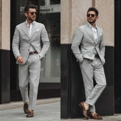 Men Gray Striped Suit Peak Lapel Jacket Single Breasted Casual Business Custom - Image 1 of 4