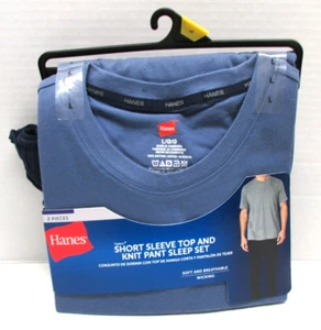 Hanes Men's Short Sleeve Breathable Wicking Blue/Navy Knit Sleep Set NEW size L - Picture 1 of 3