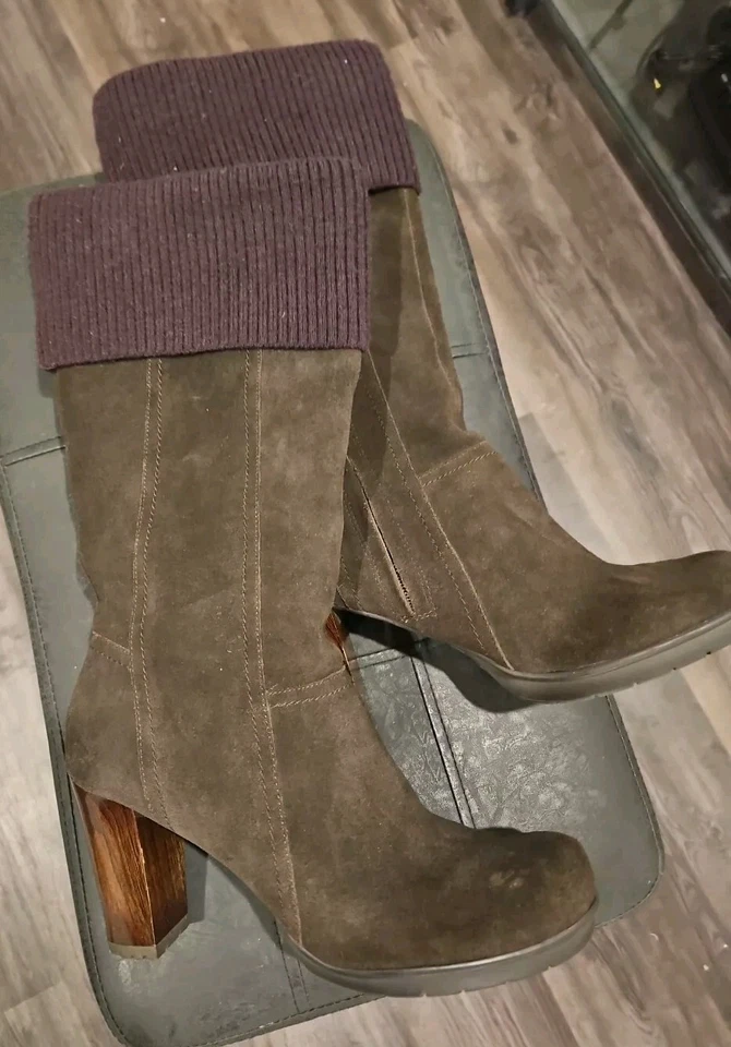 Kenneth Cole Chunky Y2K Leather Tall Boots Brown Platform Heel 70s 80s Boho  - Image 1 of 4