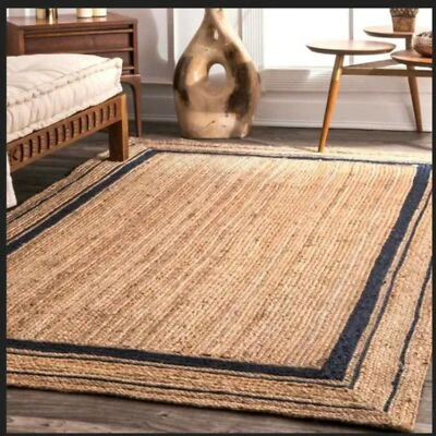 Square Rug Natural Jute Farmhouse Area Rug Rustic Look, Beige Rug Black Line - Image 1 of 3
