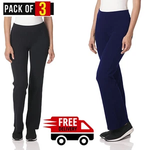 3 PACK WOMENS WIDE LEG TROUSERS LADIES BOOTCUT FLARED BLACK TROUSER WORK PANTS - Picture 1 of 18