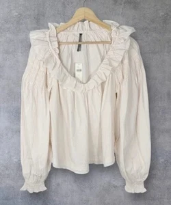 Anthropologie Women Ruffle Long Sleeve White/Beige Stripes Blouse Top Size M NWT - Picture 1 of 9