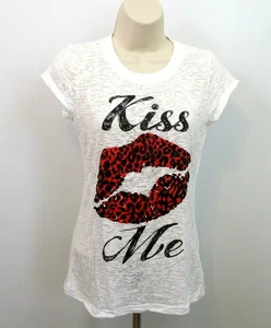 Rocker Girl Burnout T-Shirt Junior Gr. Medium M 7/9 weiß Tee rot "KISS ME" Lippen - Bild 1 von 8
