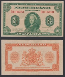 Netherlands Muntbiljet 2,5 gulden 1943 Wilhelmina P65 Prefix EB aVF/XF Stapled - Picture 1 of 9