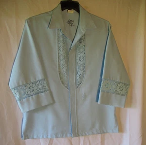 IOLANI Vintage Beau Tiki Hawaiian Wedding Shirt Lace 3/4 Sleeve Blue Men's L - Picture 1 of 11