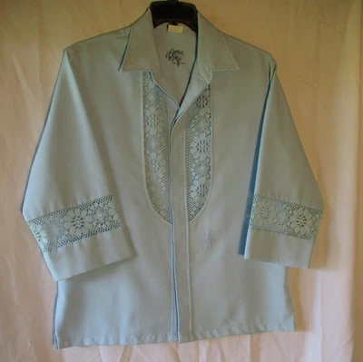 IOLANI Vintage Beau Tiki Hawaiian Wedding Shirt Lace 3/4 Sleeve Blue Men's L - Image 1 of 4