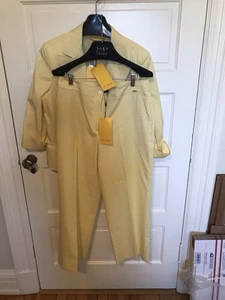 St John Knits Cadmium/White Stripe Jacket Pants Suit Faux Pockets Cotton NWT - Picture 1 of 17