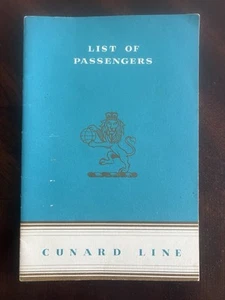 1952 Elenco passeggeri Cunard Line RMS Queen Elizabeth nave classe turistica NY al Regno Unito - Foto 1 di 6