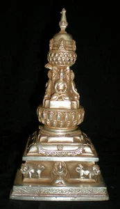 Statua Stupa Pagoda 4 Buddha Tibetano Buddista Argento Bronzo - Foto 1 di 9