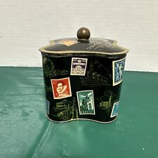Vintage Biscuit ￼Candy Tin With Lid West Germany Travel Postal Stamps Graphics